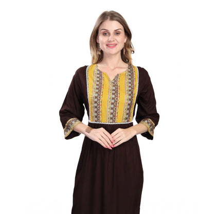 Generic Women's Casual 3/4 Sleeve Viscose Rayon Printed Kurti (Brown)