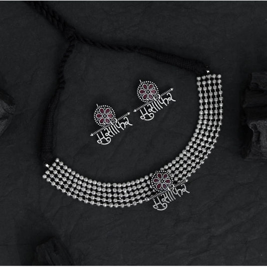 Generic Women's Maroon Color Oxidised Temple Necklace Set