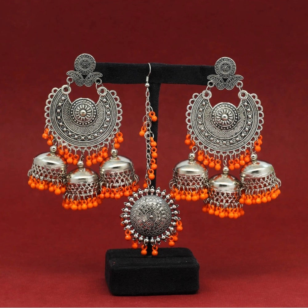 Generic Women's Orange Color Oxidised Earrings Tikka Set