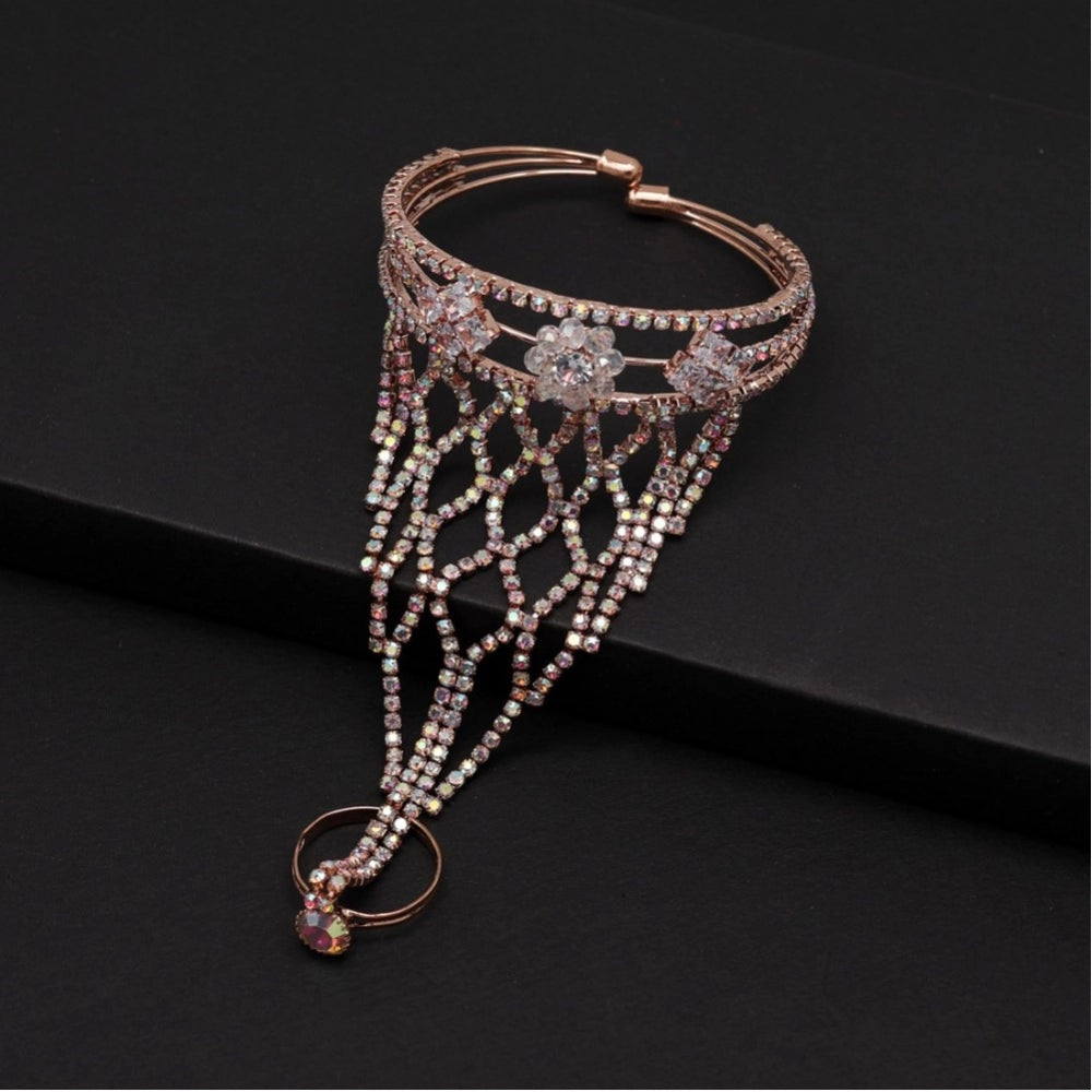 Generic Women's Rainblow Color Rose Gold Rhinestone Hathphool Adjustable Bracelet