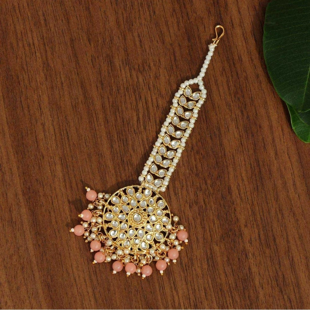 Generic Women's Dark Peach Color Kundan Maang Tikka