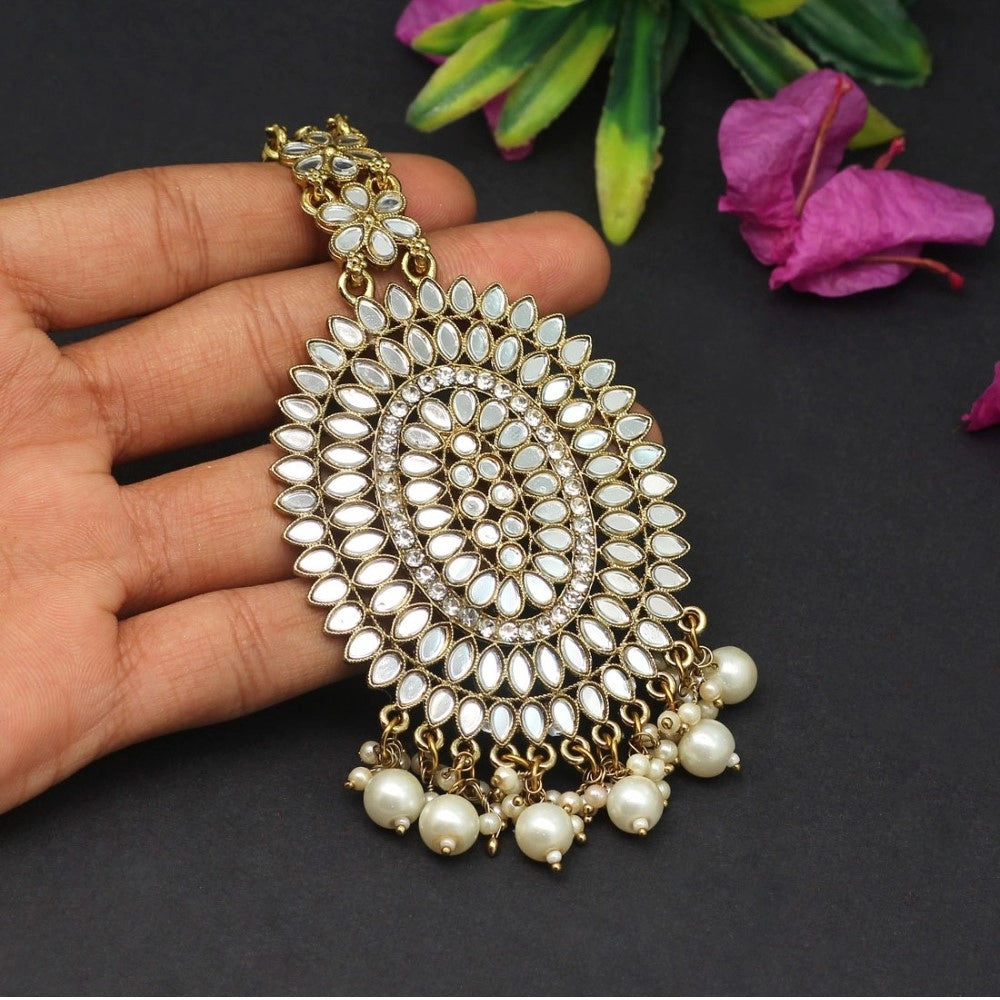 Generic Women's White Color Mirror Work Maang Tikka