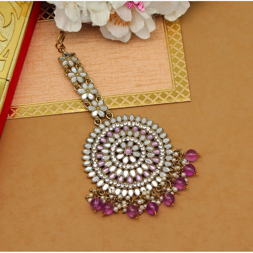 Generic Women's Purple Color Mirror Work Maang Tikka