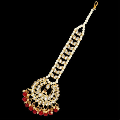 Generic Women's Maroon Color Imitation Pearl &amp; Kundan Maang Tikka