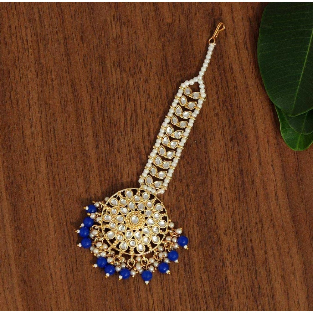 Generic Women's Blue Color Kundan Maang Tikka