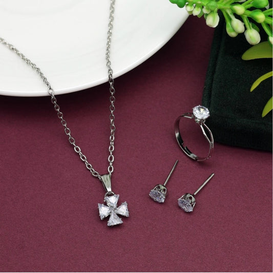 Generic Women's Silver Color Stone Locket Pendant Set Adjustable Ring