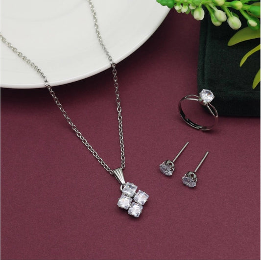 Generic Women's Silver Color Stone Locket Pendant Set Adjustable Ring