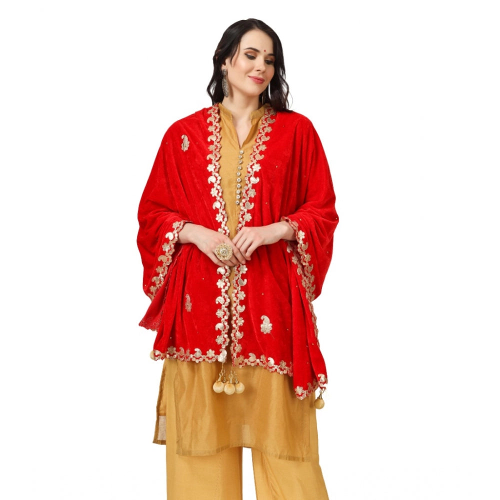 Generic Women's Velvet Gotta Patti Dupatta (Red, Length: 2.25 to 2.50 Mtr)