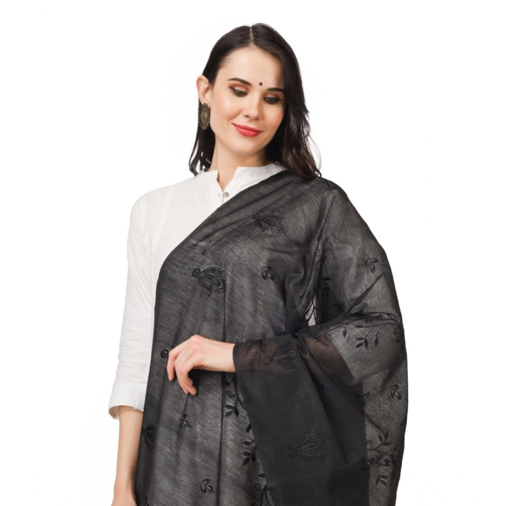 Generic Women's Cotton Embroidered Dupatta (Black, Length: 2.25 to 2.50 Mtr)