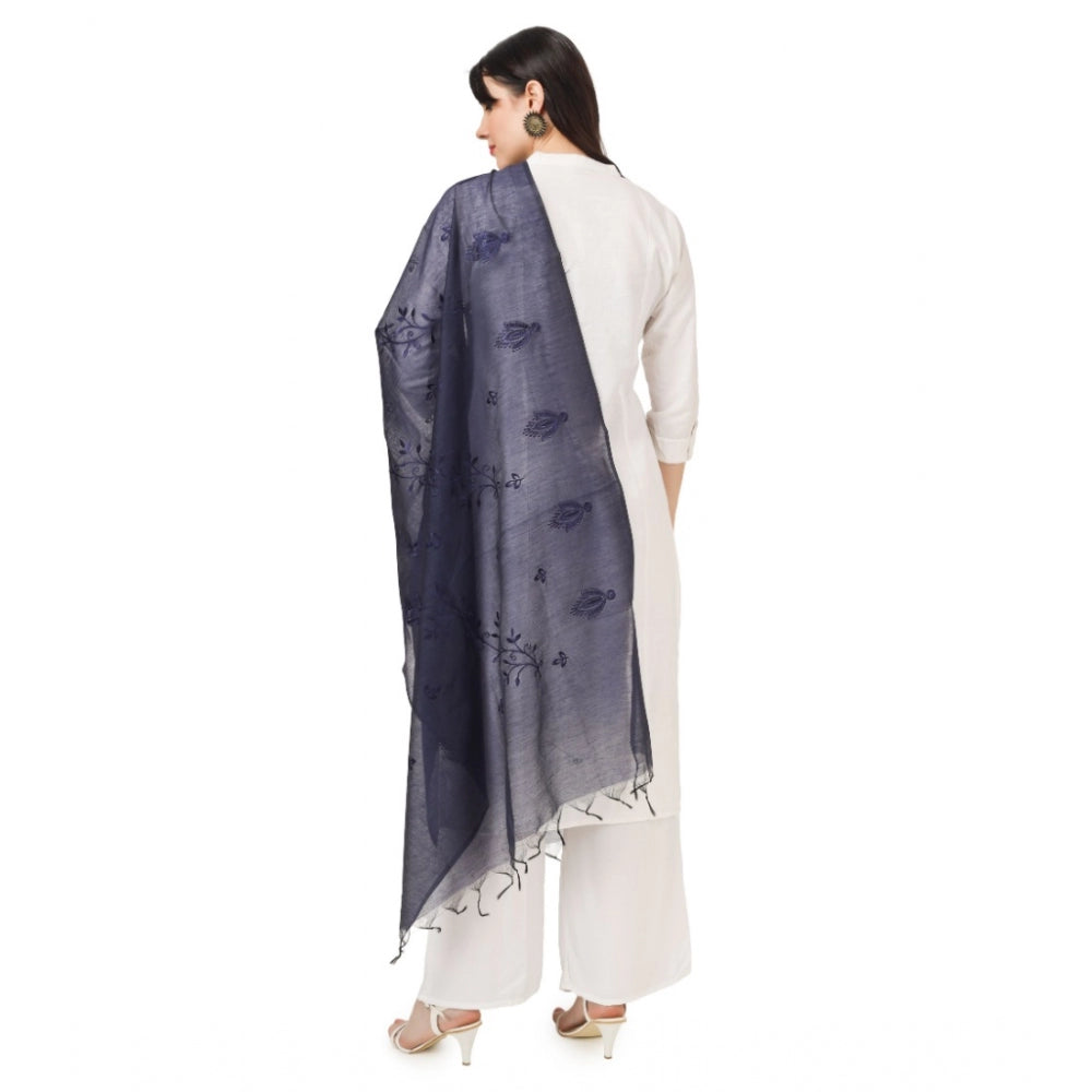 Generic Women's Cotton Embroidered Dupatta (Dark Blue, Length: 2.25 to 2.50 Mtr)