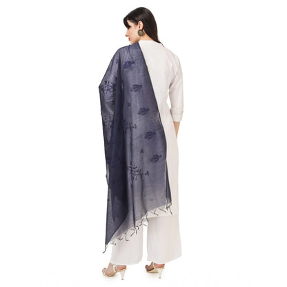 Generic Women's Cotton Embroidered Dupatta (Dark Blue, Length: 2.25 to 2.50 Mtr)