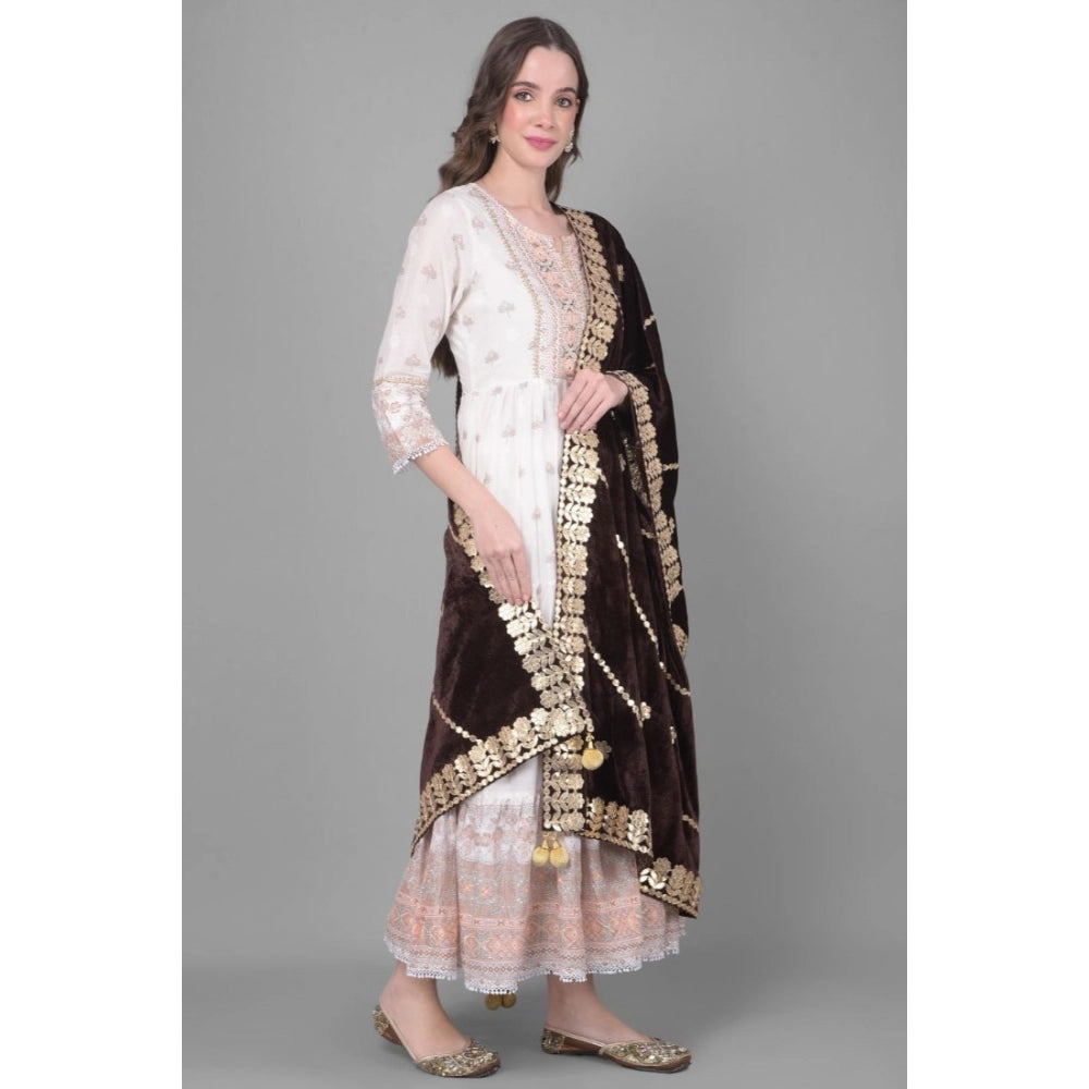 Generic Women's Velvet Gotta Patti Dupatta (Brown, Length: 2.25 to 2.50 Mtr)