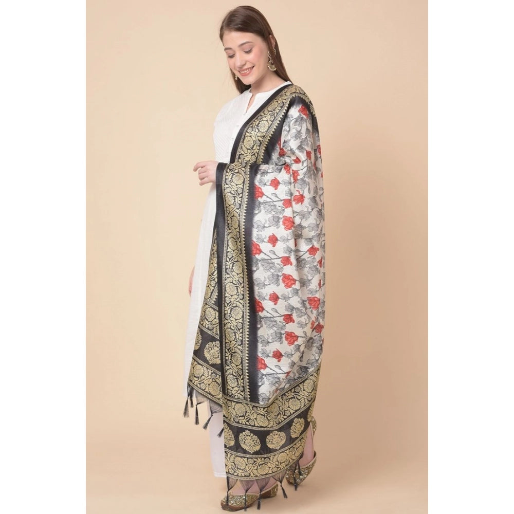 Generic Women's Art Silk Printed Dupatta (Black, Length: 2.25 to 2.50 Mtr)