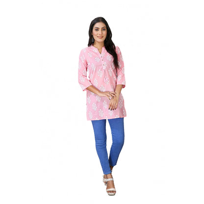 Women's Casual 3/4 Sleeve Cotton Blend Printed Kurti (Pink)