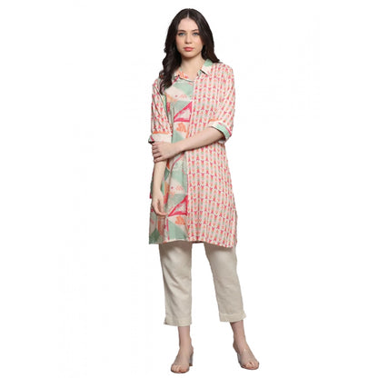 Generic Women's Casual 3/4 Sleeve Viscose Rayon Printed Kurti (Pink)