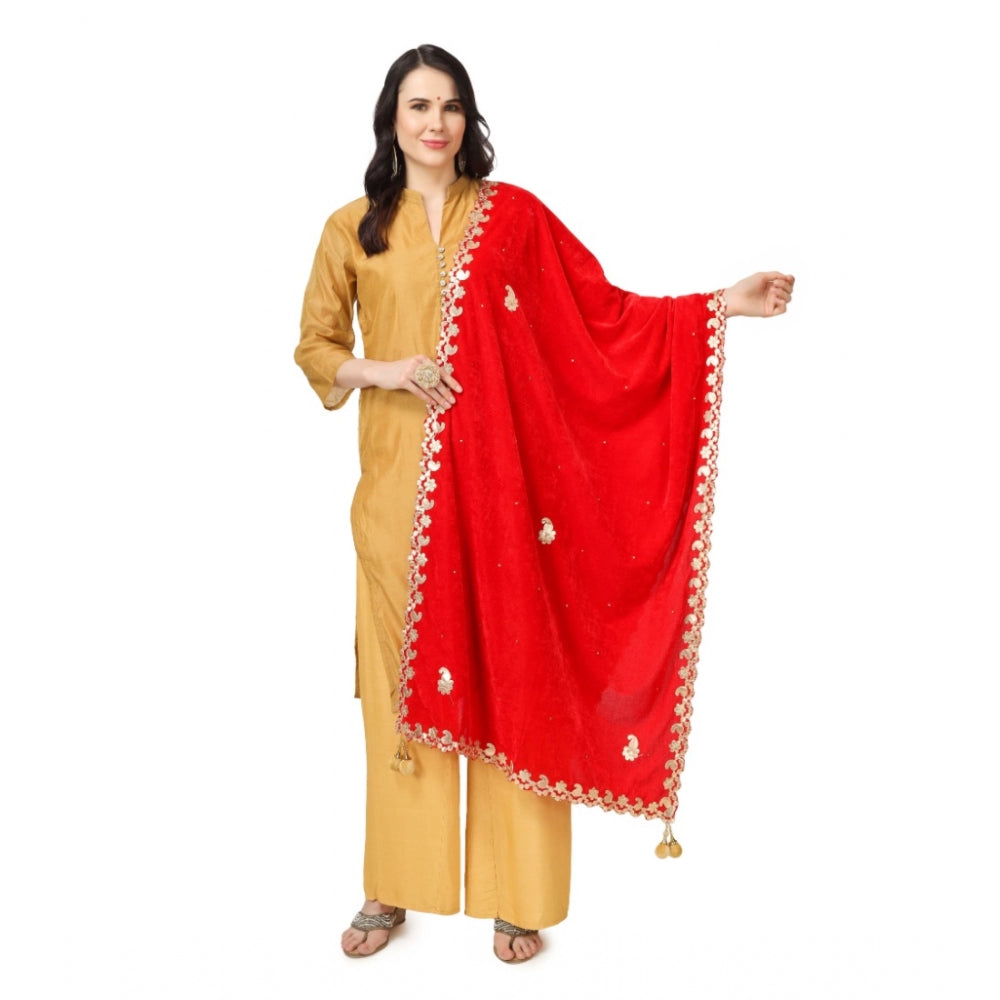 Generic Women's Velvet Gotta Patti Dupatta (Red, Length: 2.25 to 2.50 Mtr)