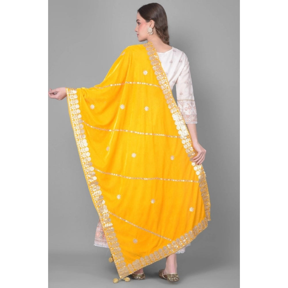 Generic Women's Velvet Gotta Patti Dupatta (Yellow, Length: 2.25 to 2.50 Mtr)