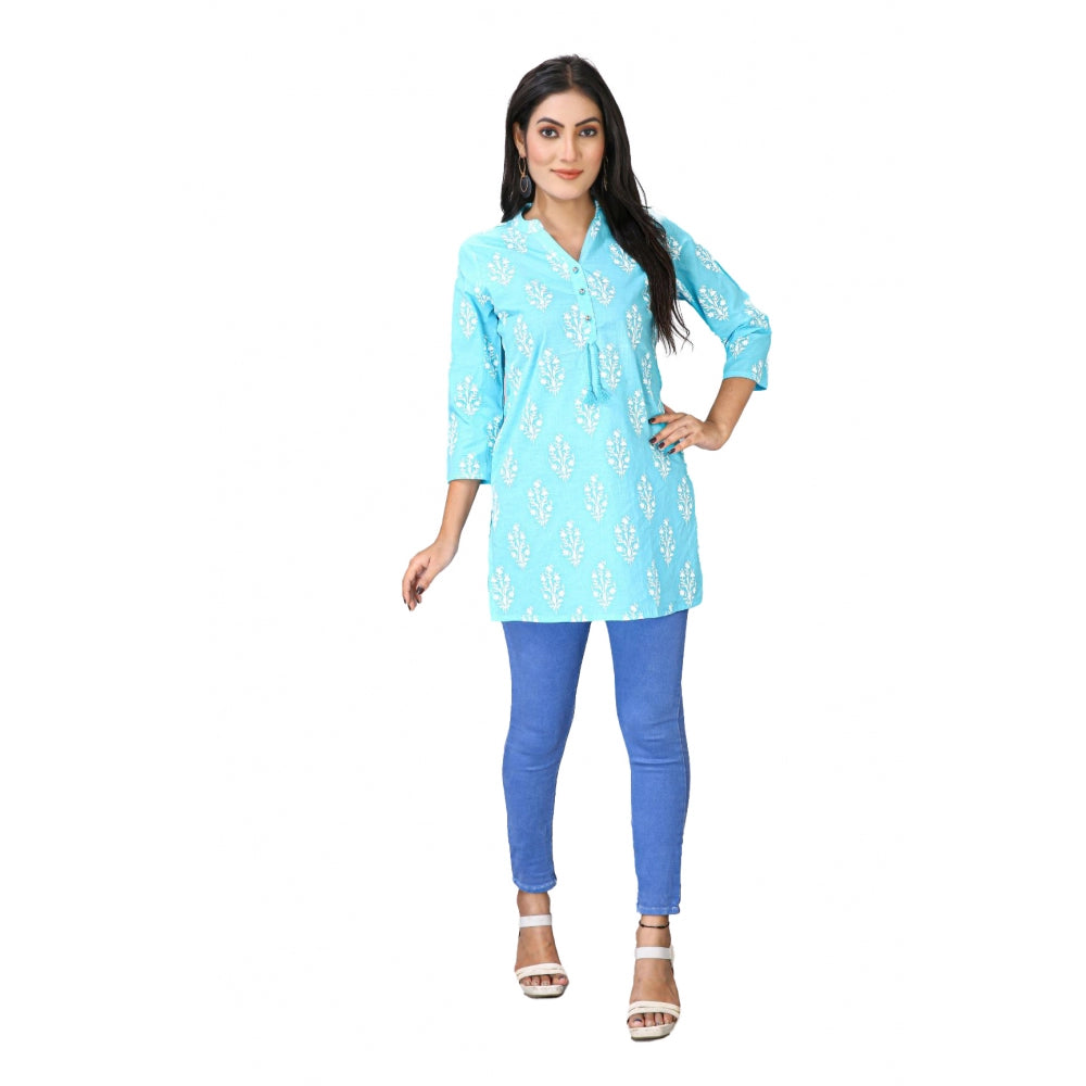 Generic Women's Casual 3/4 Sleeve Cotton Blend Printed Kurti (Light Blue)