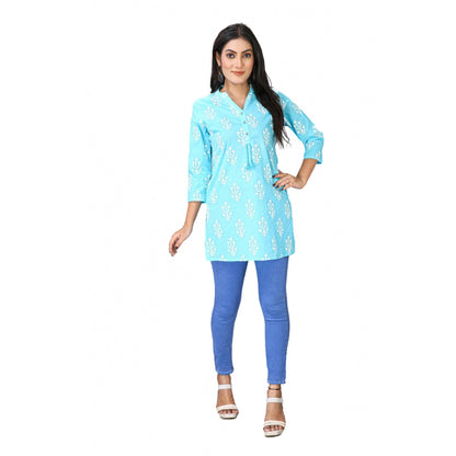 Generic Women's Casual 3/4 Sleeve Cotton Blend Printed Kurti (Light Blue)