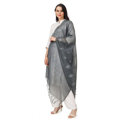 Generic Women's Cotton Embroidered Dupatta (Grey, Length: 2.25 to 2.50 Mtr)