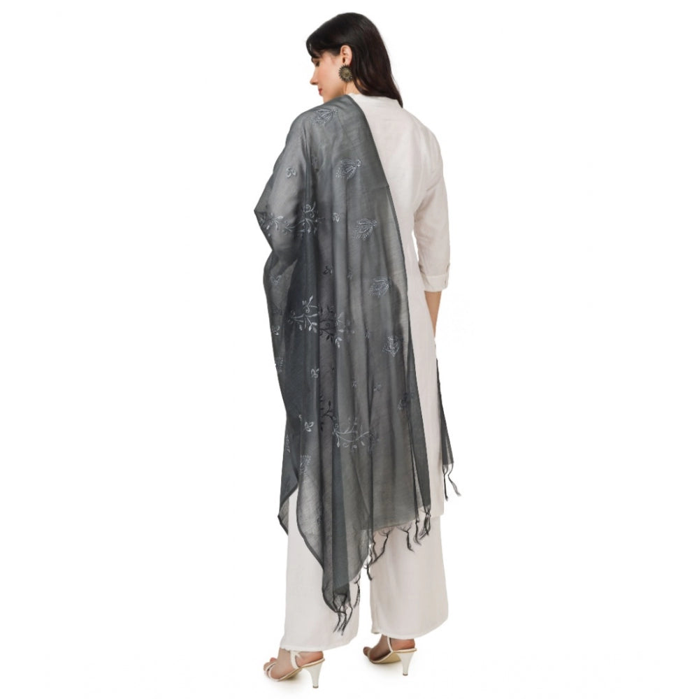 Generic Women's Cotton Embroidered Dupatta (Grey, Length: 2.25 to 2.50 Mtr)