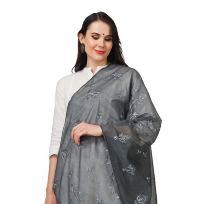 Generic Women's Cotton Embroidered Dupatta (Grey, Length: 2.25 to 2.50 Mtr)