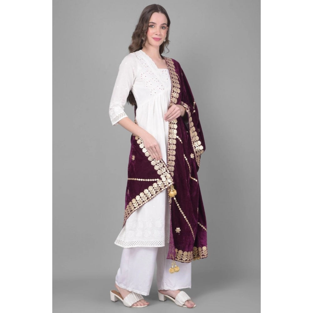 Generic Women's Velvet Gotta Patti Dupatta (Wine, Length: 2.25 to 2.50 Mtr)