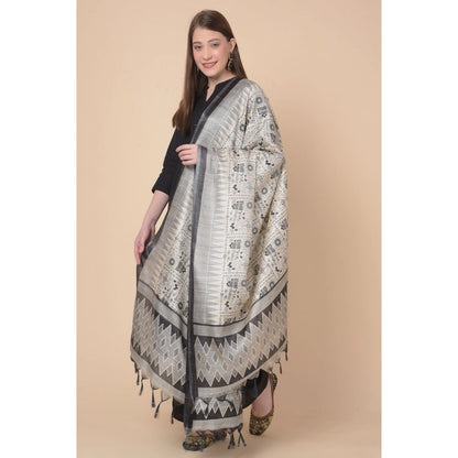 Generic Women's Art Silk Printed Dupatta (Black, Length: 2.25 to 2.50 Mtr)