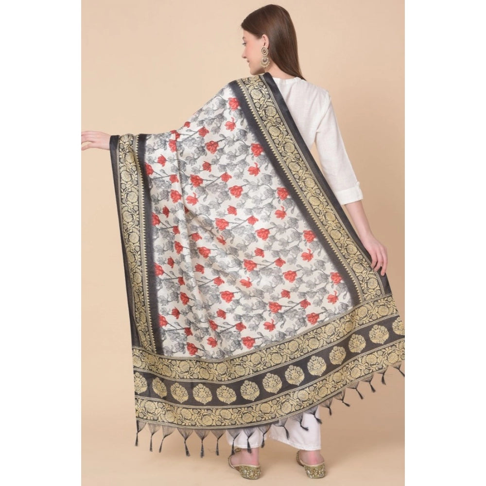 Generic Women's Art Silk Printed Dupatta (Black, Length: 2.25 to 2.50 Mtr)