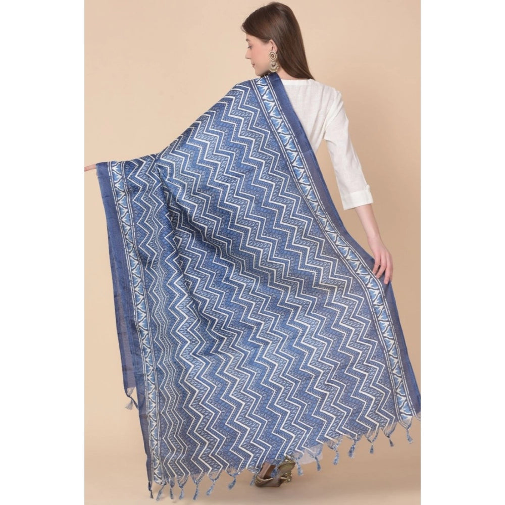 Generic Women's Art Silk Printed Dupatta (Blue, Length: 2.25 to 2.50 Mtr)