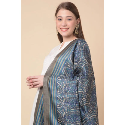 Generic Women's Art Silk Printed Dupatta (Blue, Length: 2.25 to 2.50 Mtr)