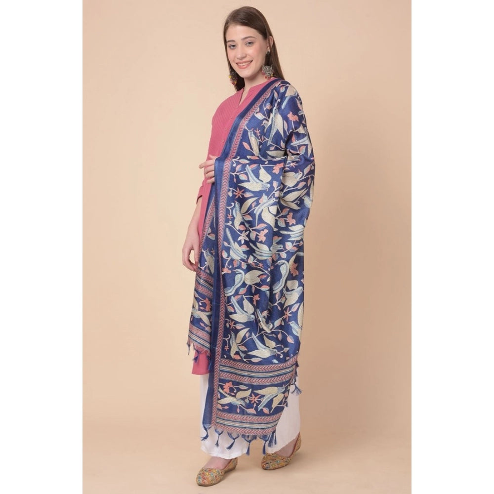 Generic Women's Art Silk Printed Dupatta (Blue, Length: 2.25 to 2.50 Mtr)