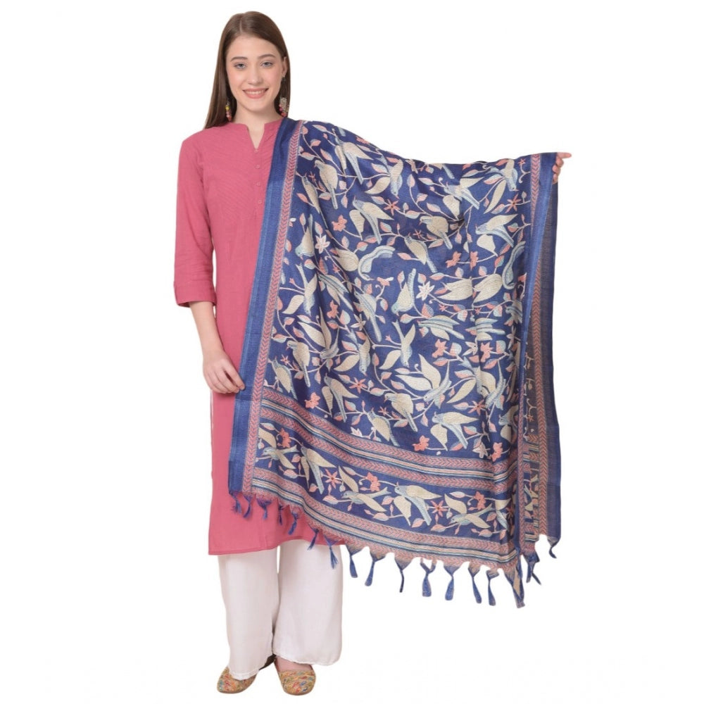 Generic Women's Art Silk Printed Dupatta (Blue, Length: 2.25 to 2.50 Mtr)