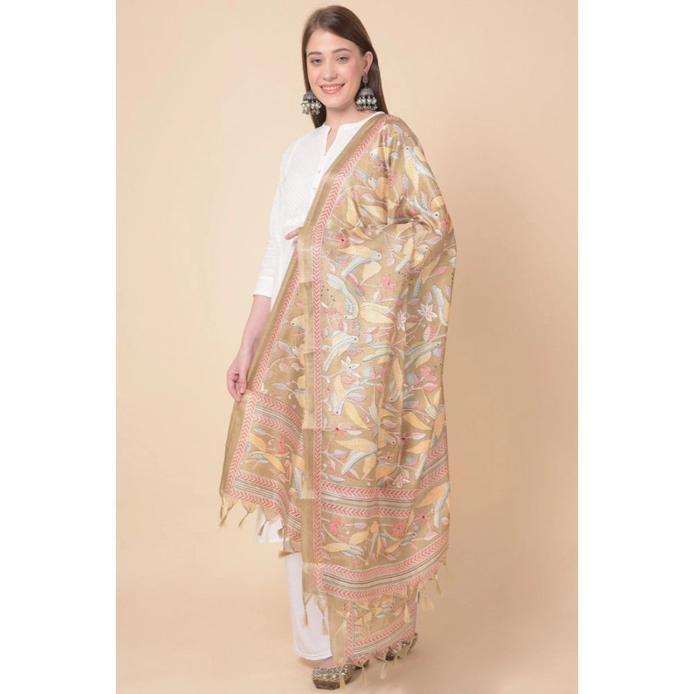 Generic Women's Art Silk Printed Dupatta (Light Brown, Length: 2.25 to 2.50 Mtr)