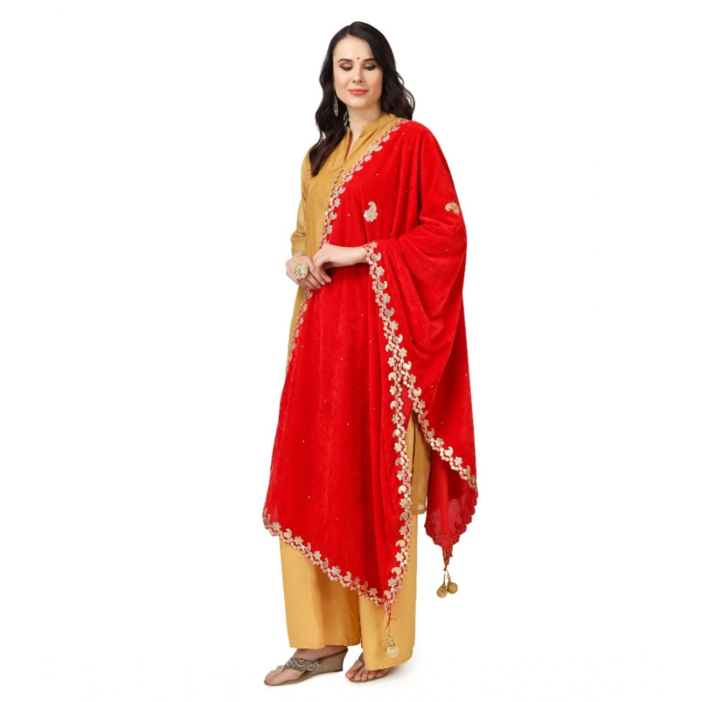 Generic Women's Velvet Gotta Patti Dupatta (Red, Length: 2.25 to 2.50 Mtr)