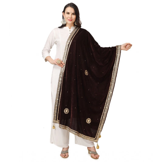 Generic Women's Velvet Gotta Patti Dupatta (Brown, Length: 2.25 to 2.50 Mtr)