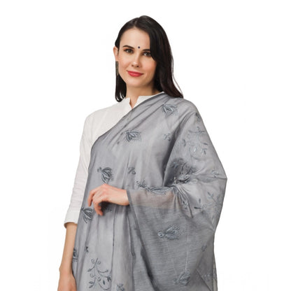 Generic Women's Cotton Embroidered Dupatta (Grey, Length: 2.25 to 2.50 Mtr)