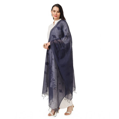 Generic Women's Cotton Embroidered Dupatta (Dark Blue, Length: 2.25 to 2.50 Mtr)