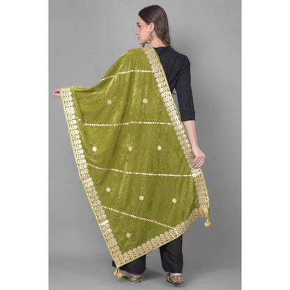 Generic Women's Velvet Gotta Patti Dupatta (Olive, Length: 2.25 to 2.50 Mtr)