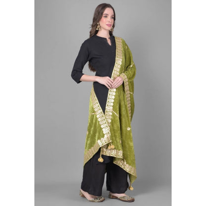 Generic Women's Velvet Gotta Patti Dupatta (Olive, Length: 2.25 to 2.50 Mtr)