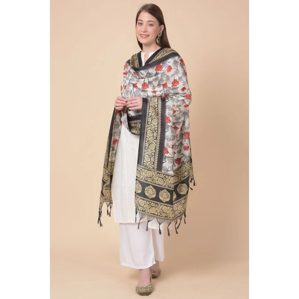 Generic Women's Art Silk Printed Dupatta (Black, Length: 2.25 to 2.50 Mtr)