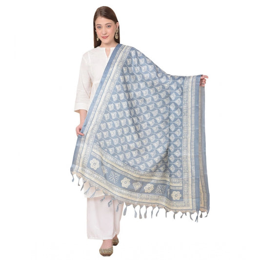 Generic Women's Art Silk Printed Dupatta (Grey, Length: 2.25 to 2.50 Mtr)