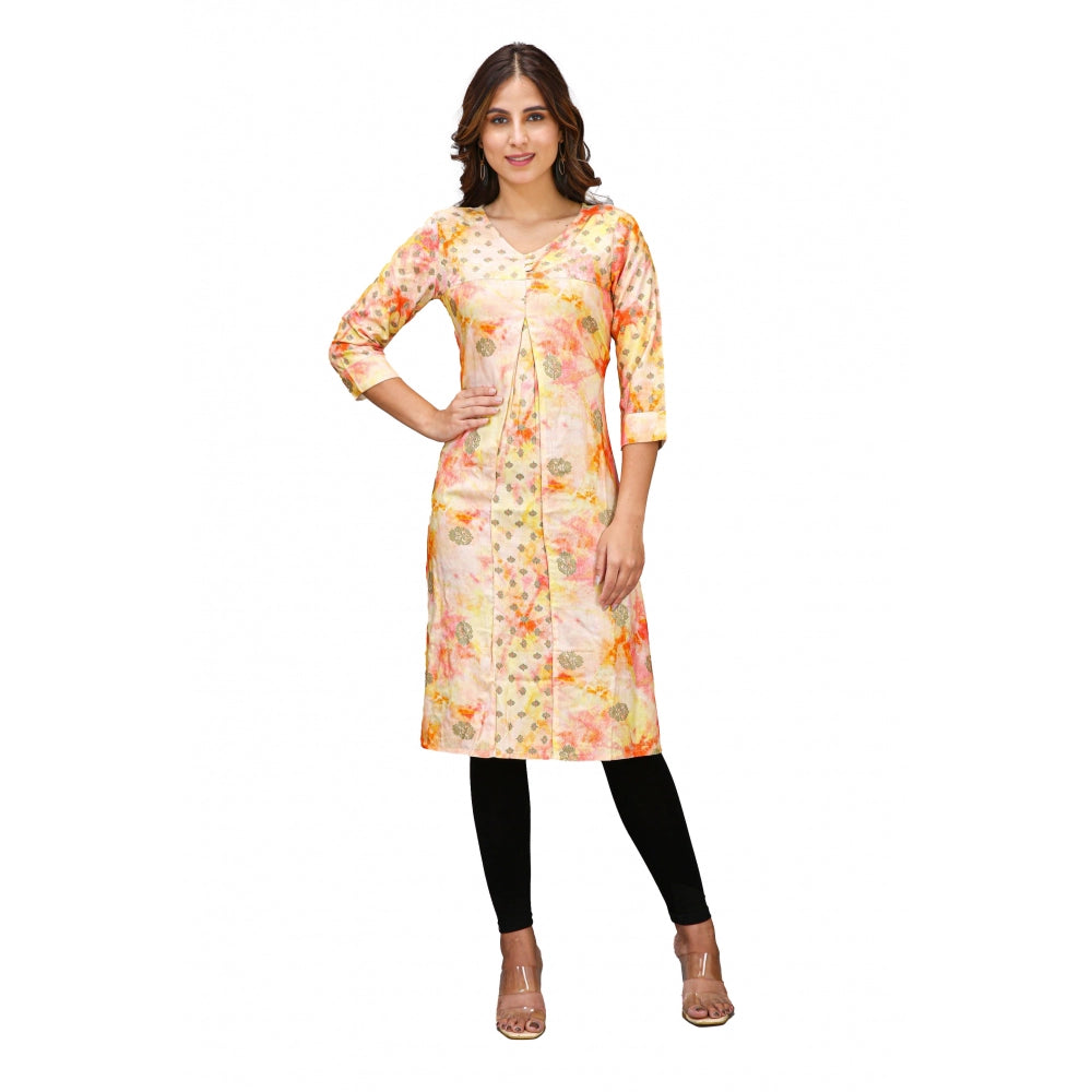 Generic Women's Casual 3/4 Sleeve Viscose Rayon Printed Kurti (Orange)