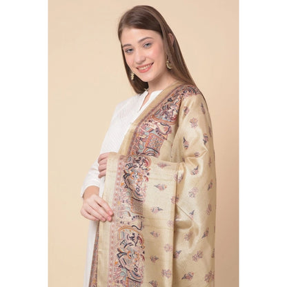 Generic Women's Art Silk Printed Dupatta (Gold, Length: 2.25 to 2.50 Mtr)