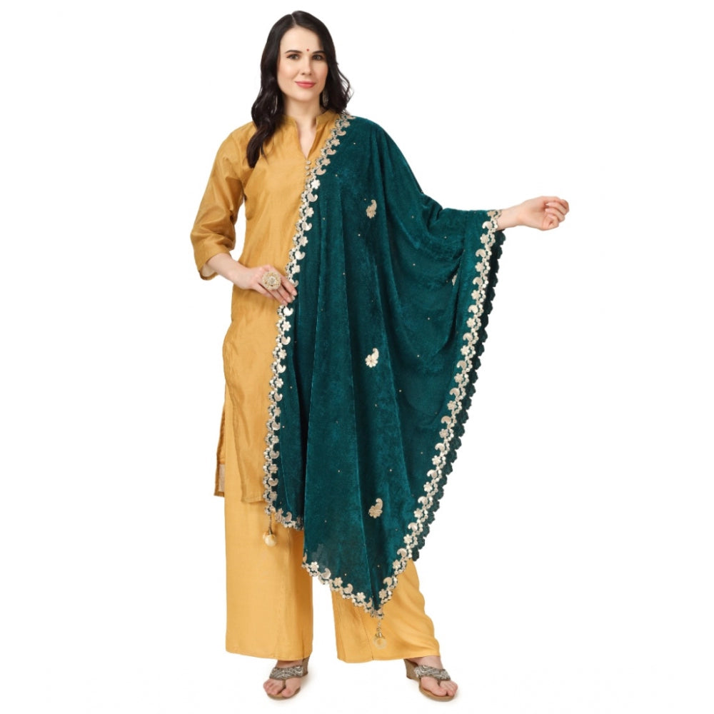 Generic Women's Velvet Gotta Patti Dupatta (Dark Green, Length: 2.25 to 2.50 Mtr)