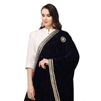 Generic Women's Velvet Gotta Patti Dupatta (Blue, Length: 2.25 to 2.50 Mtr)