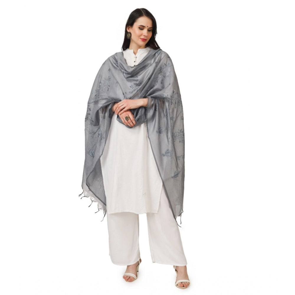 Generic Women's Cotton Embroidered Dupatta (Grey, Length: 2.25 to 2.50 Mtr)