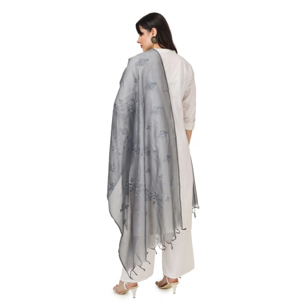 Generic Women's Cotton Embroidered Dupatta (Grey, Length: 2.25 to 2.50 Mtr)