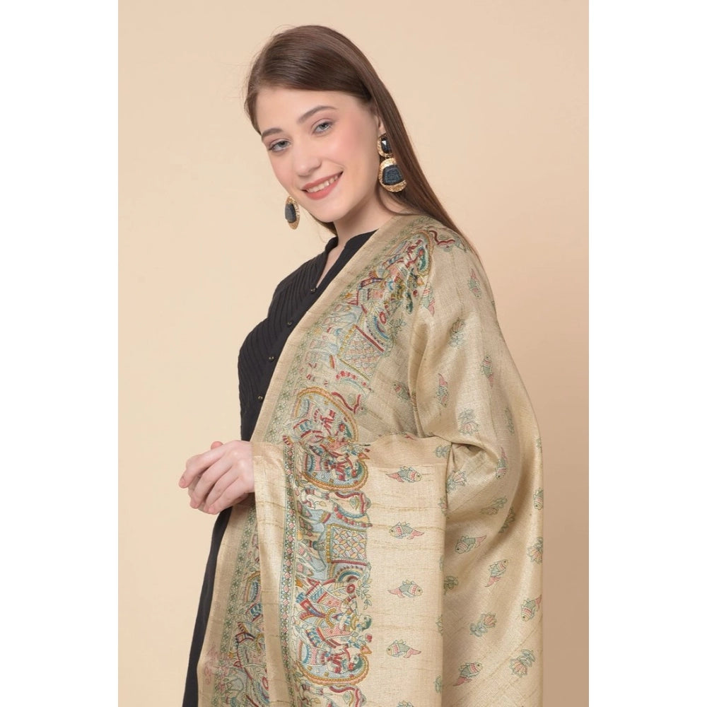 Generic Women's Art Silk Printed Dupatta (Gold, Length: 2.25 to 2.50 Mtr)