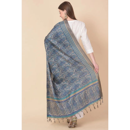 Generic Women's Art Silk Printed Dupatta (Blue, Length: 2.25 to 2.50 Mtr)